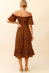 Voyager Off-Shoulder Bell Sleeve Midi Dress Leopard Print Brown